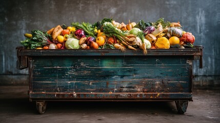Large dumpster filled with discarded fruits and vegetables food waste sustainability crisis
