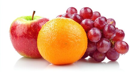 Fresh fruit arrangement a red apple, an orange, and a bunch of red grapes on a pure white surface