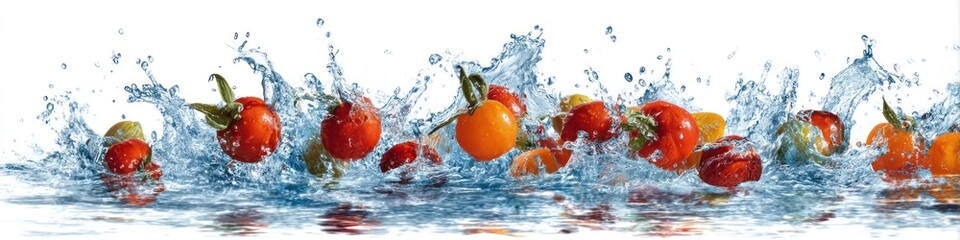 Splashing tomatoes Various ripe tomatoes in mid-air with splashes of water, against a crisp white background