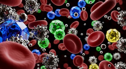 Close up view of red blood cells and virus cells with different colors on a dark background
