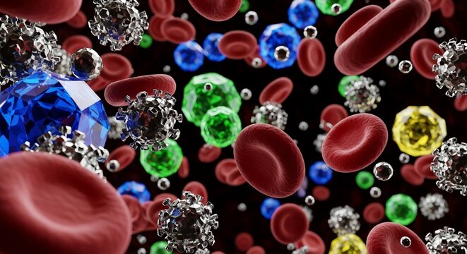 Close up view of red blood cells and virus cells with different colors on a dark background
