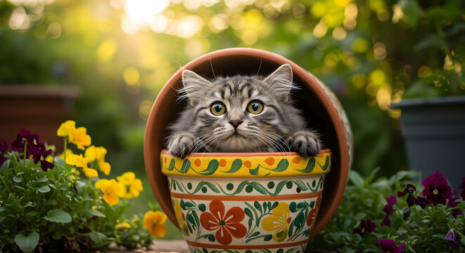 Curious fluffy kitten peeking out of a colorful decorative flower pot surrounded by vibrant garden blooms in warm sunlight