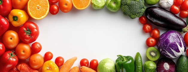 Colorful array of fresh produce borders a white space in the center, arranged in rainbow-like gradients