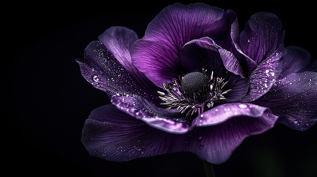   A close-up of a vibrant purple flower with droplets of water adorning its petals against a dark backdrop featuring a solitary droplet