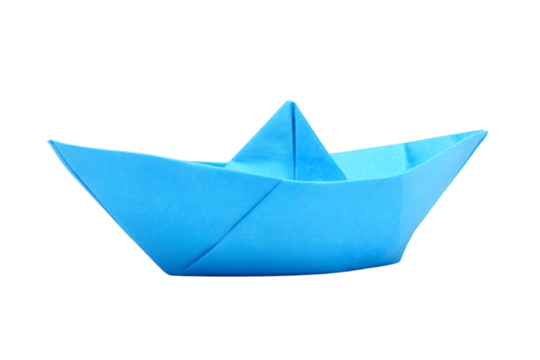 blue origami paper boat isolated on white background