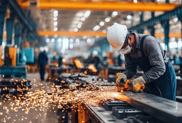 Industrial worker using an angle grinder; sparks flying; wearing helmet, mask, gloves, and coveralls in a factory setting with a blurred background