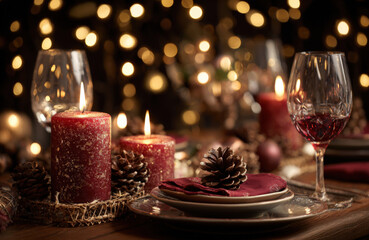 a romantic dinner table setting with red candles, pine cones, and wine glasses on the plates