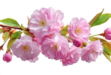 Close-up of a flowering branch with soft pink blossoms and fresh green leaves against a bright white background