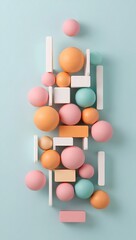 Minimalist pastel colored geometric composition of spheres and rectangular blocks