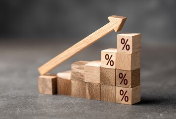 Wooden blocks form a rising bar graph with percentage symbols, topped by a directional arrow, against a gray background