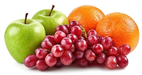 A vibrant mix of two green apples, red grapes, and two oranges displayed against a stark white background