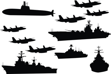 Military vehicle silhouettes, warship icons, fighter jets, submarine shape, aircraft carrier, naval power, aerial combat, black silhouettes, defense design, vector set