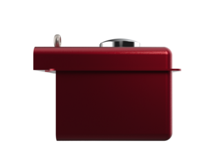 3D render of a glossy red fuel tank or oil reservoir with a chrome cap and metal pull pin. Isolated object, high detail, ready for design integration on a PNG Transparent HD Background.