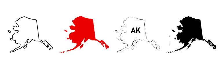 Alaska state silhouette. USA map icon set in outline, solid, dotted and red fill styles. State border sign. American region symbol. Geographic territory pictogram.
