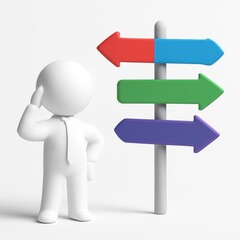 Confused 3d character in a suit pondering multiple directional arrows at a crossroads decision point