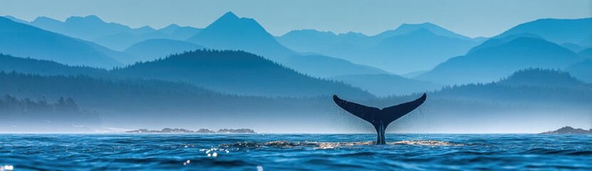 Whale tail breaching ocean, mountains in background, blue monochrome scenic, calm water, sun kissed ripples, tranquil nature scene