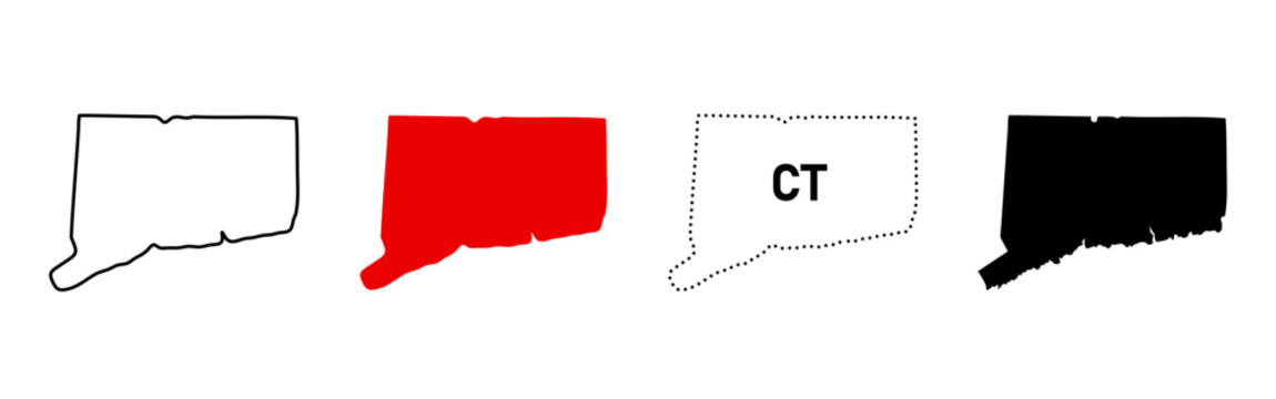 Connecticut state silhouette. USA map icon set in outline, red fill, dotted and black variants. Regional border sign. Northeastern location symbol. American New England pictogram.