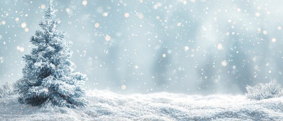 A snowy landscape with a tree covered in snow with light blue sky and bokeh falling snow