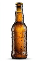 Condensation-covered amber glass bottle with a dark cap on a white background casting a soft shadow