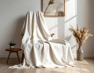Minimal white chair with blanket in bright interior