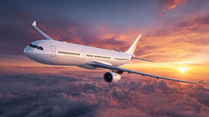 Airplane soars through a cloudy sky at sunset, bathed in warm hues of orange and purple, conveying a sense of freedom and adventure