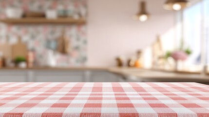 A close-up of a pink and red checkered tablecloth placed on a white background, with a blurred kitchen interior in the background; using 4k resolution, showcasing surrealism and high detail.