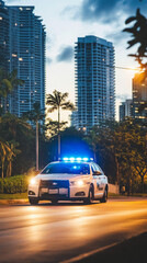 Fototapeta premium Police patrol car with flashing lights drives down a city street. Tall buildings and palm trees line the road.