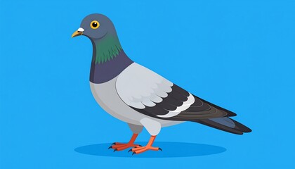 Cartoon pigeon illustration on a vibrant blue background