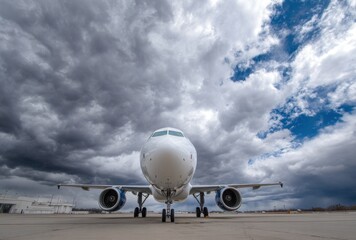 Aircraft on tarmac, facing camera with dramatic sky. Clouds swirl above. Concrete ground. Wide angle, low perspective. Serene, modern