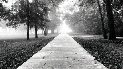 A monochrome concrete path lined with trees disappears into a bright, foggy distance on a misty day