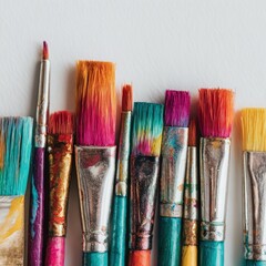 A row of paintbrushes with colorful paint on bristles, against a textured white background, close-up shot