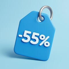 Bright blue price tag displaying -55 percent discount attached to a silver ring on a blue background advertising sale