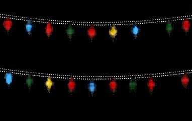 Two strings of pixelated Christmas lights, each with 9 lights, alternating colors on a black background