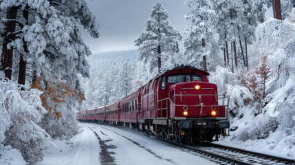 Red train traveling through snow covered pine trees, creating sharp winter contrast