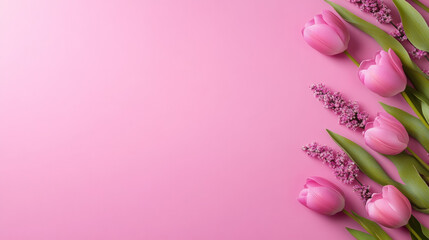 Pink flowers with green stems on a pink background