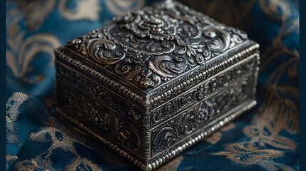 Luxurious still life of an ornate, antique silver jewelry box. The piece rests on rich, teal-colored damask silk, highlighting its craftsmanship.