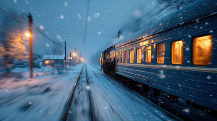 Fototapeta premium Train travels through snowy landscape at night, with warm lights glowing from windows, creating cozy atmosphere