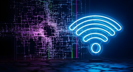 Neon sign, glowing wifi icon, abstract wireframe background, cinematic lighting, dark moody atmosphere, dramatic lighting, 