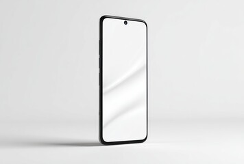 Modern phone with a blank, bright screen is isolated on a light background, angled to the viewer