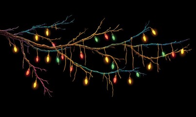 Branch with colorful holiday lights, set against a stark black background, creating a festive, cozy atmosphere