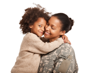 A loving military mother embraces her young daughter in a heartwarming moment isolated on a transparent background