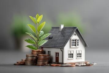 Miniature house with stacked coins and a plant growing from them, against a blurred green and gray background