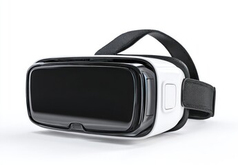 White VR headset with black screen and straps on a white surface, angled view