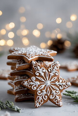a stack of snowflake-shaped gingerbread cookies with white icing on top, placed against a light background