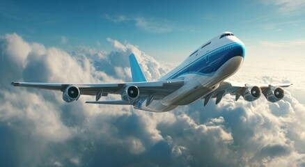 Airplane soars through a cloudy sky, a blue and white passenger aircraft silhouetted against bright, fluffy clouds, hinting at adventure