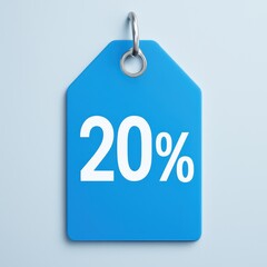 Bright blue tag with large white text displaying 20 percent discount or sale percentage