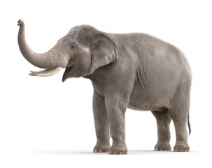Majestic gray elephant, trunk raised, stands tall against a white backdrop in a full body studio shot