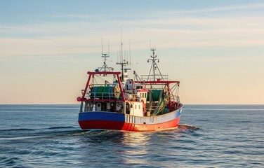 Colorful fishing trawler moving calmly across ocean horizon beneath clear soft daylight with nets folded representing hardworking honest maritime livelihood