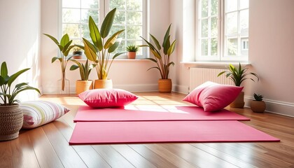 Pink yoga mat & cushions on hardwood floor, bright room, large window, plants,  design,  serenity