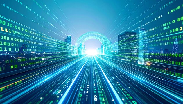 Futuristic cityscape tunnel with digital data streams